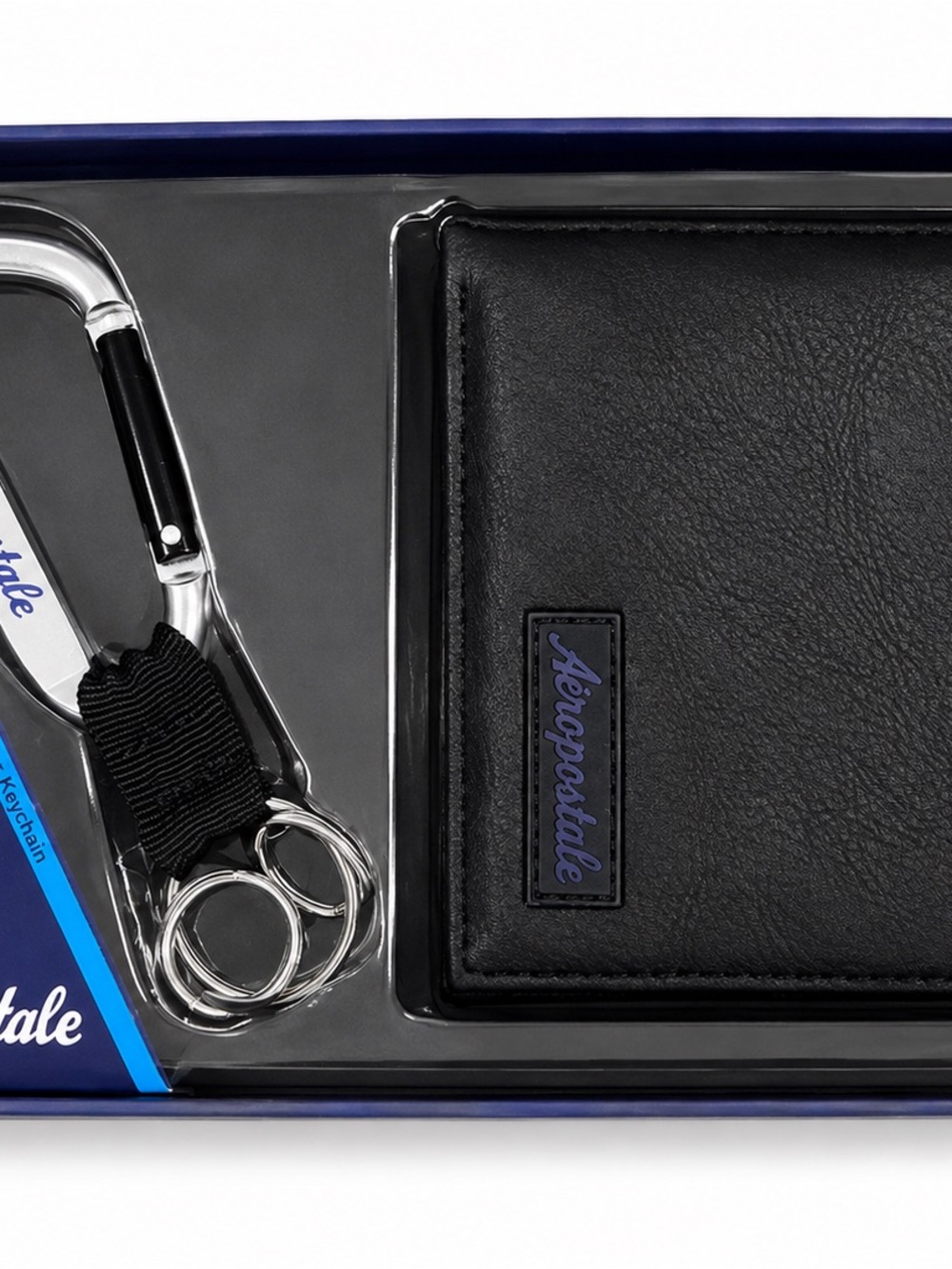 Aeropostale Black Wallet and Metal Carabiner Key Holder Set